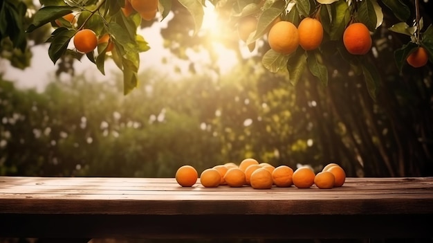 Wooden table place of free space for your decoration and orange trees with fruits in sun light Generative Ai