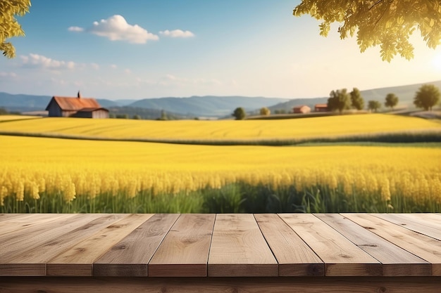 Wooden table for product display on the foreground 3D visualization blurred yellow fields at countryside on the background natural farm landscape