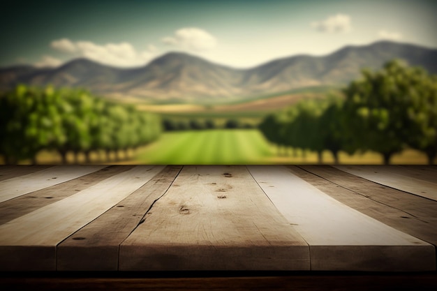 Wooden table for product display in fruit garden generative AI