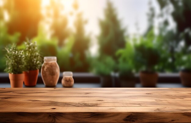 Wooden table for product display with backdrop of green potted plants and trees