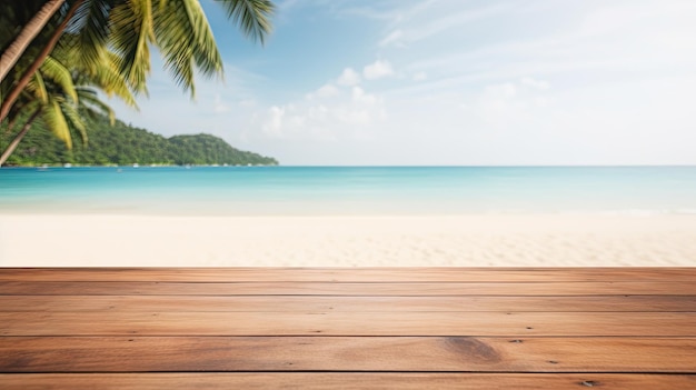 Wooden table for product display with a beach background and space for text