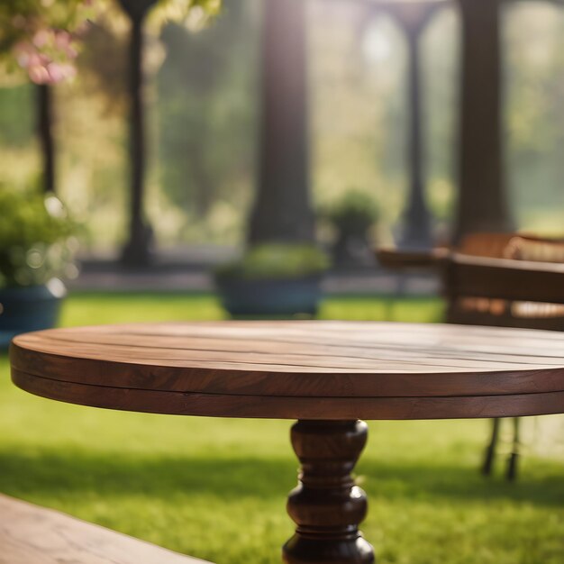 Wooden Table for Product Display with Garden Scenery