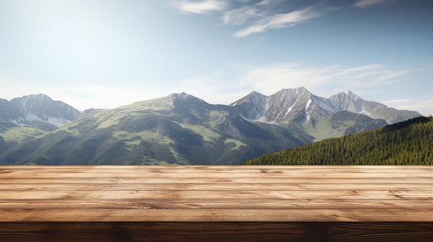 Wooden table for product display with mountains background Generative AI