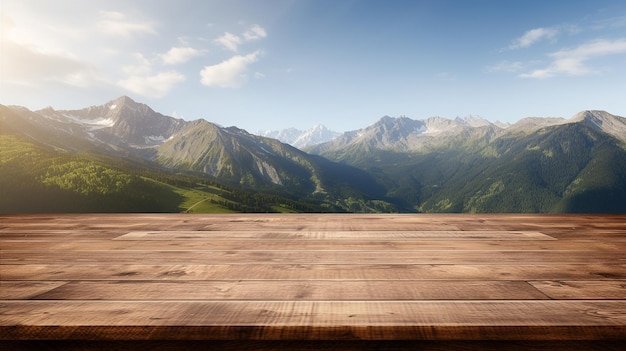 Wooden table for product display with mountains background Generative AI