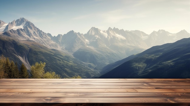 Wooden table for product display with mountains background Generative AI