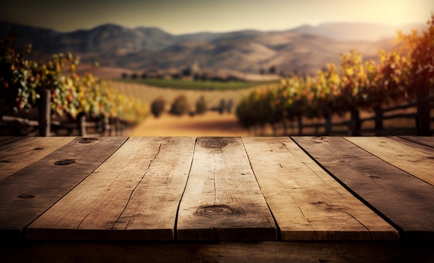 Wooden table for product display with wine yard generative AI