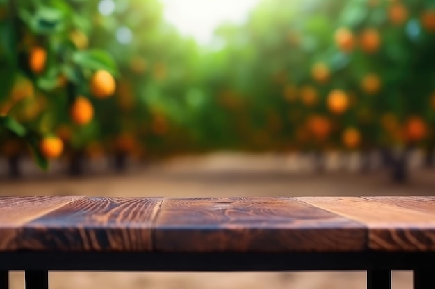 Wooden table for product and merchandise display and orange trees in the background Generative AI