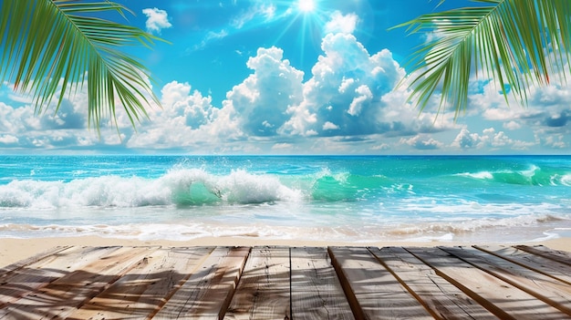 Wooden table for product presentation with sea view with palm leaves and blue sky