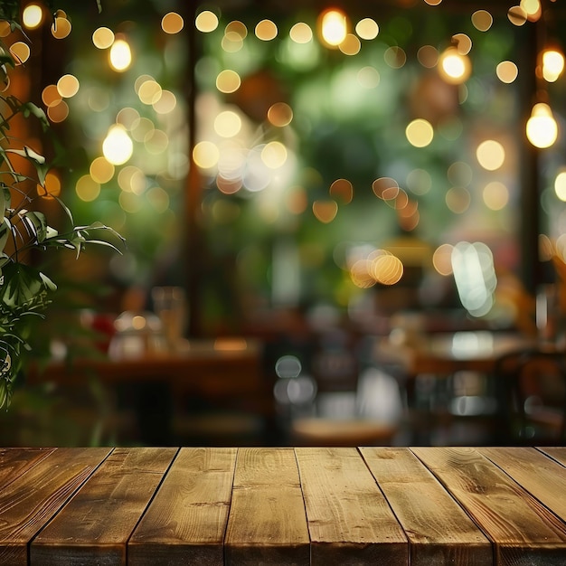 Wooden table in restaurant abstract podium stage display mockup for product presentation