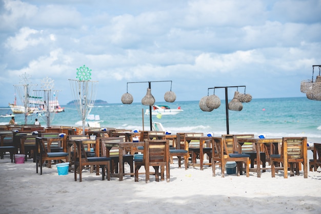 Wooden table for restaurant on the beach