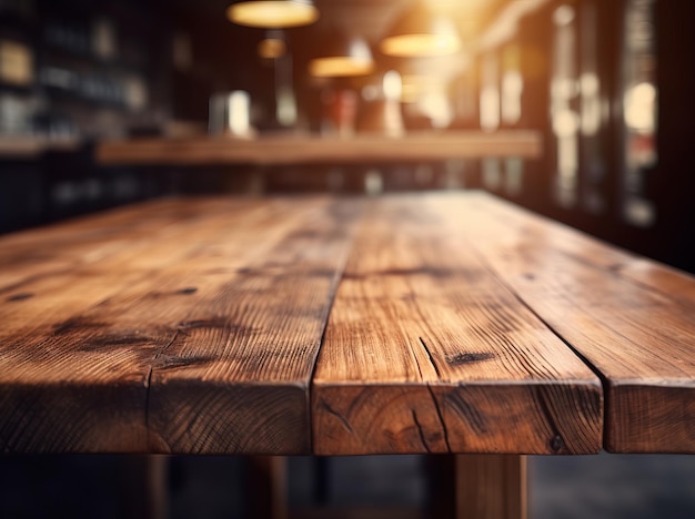 A wooden table in a restaurant with a light on it