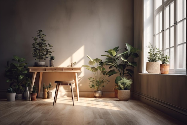 A wooden table in a room with plants on it