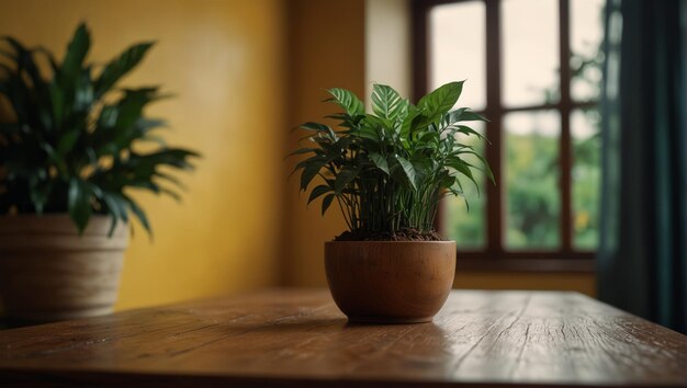 A wooden table in a room with plants and yellow walls