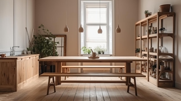 A wooden table in a room with a shelf with hanging lights and a plant.