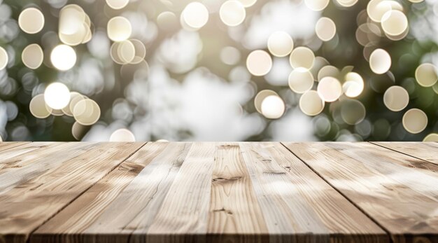 Photo a wooden table set against a dreamy bokeh background illuminated by natural light