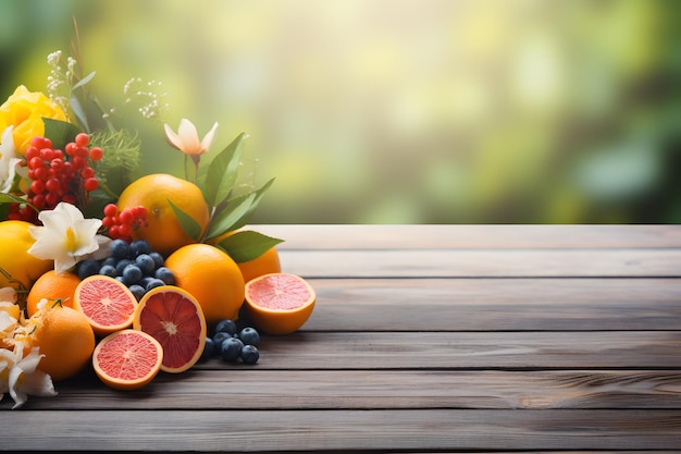 Photo wooden table setting with fresh fruit presentation aesthetic