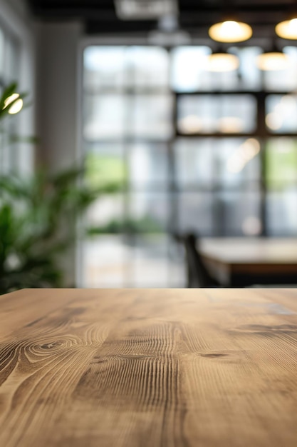 Wooden table setting with green plant black chairs white cloth Office background blurred