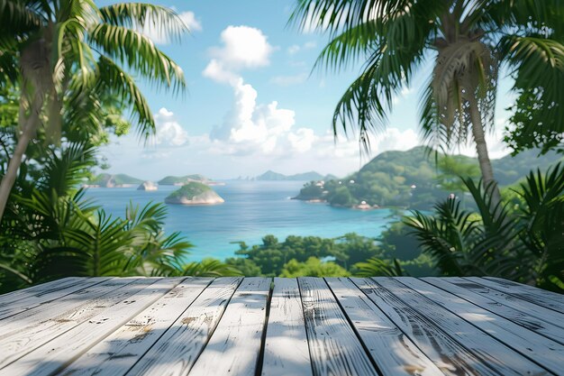 A wooden table sitting on top of a lush green hillside