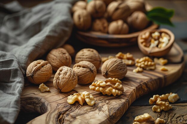 Photo wooden table sliced walnuts