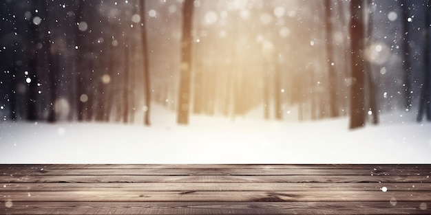 A wooden table in a snowy forest with a snow covered background