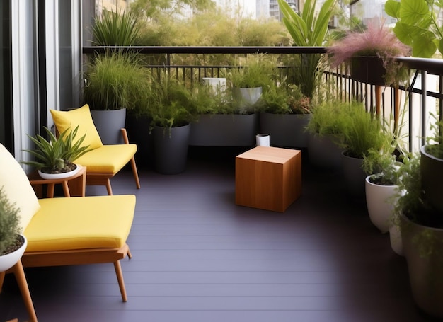 Wooden table Sofa with yellow pillows on balcony