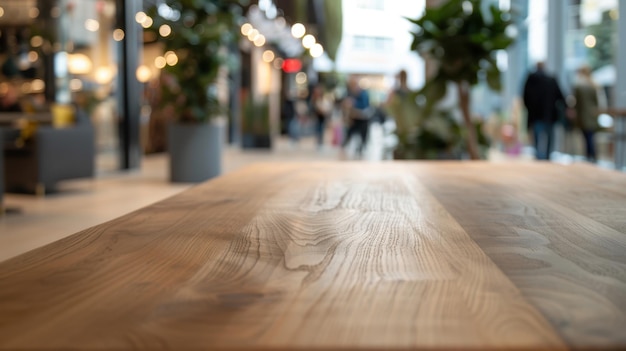 Wooden table softfocus shopping mall modern lighting busy background