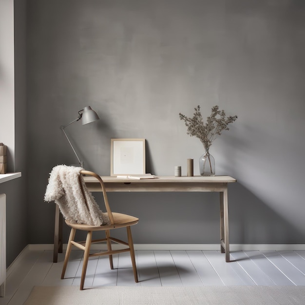 Wooden table in sunny office with big windows