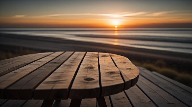 Wooden table at Sunset Nature background Generative AI