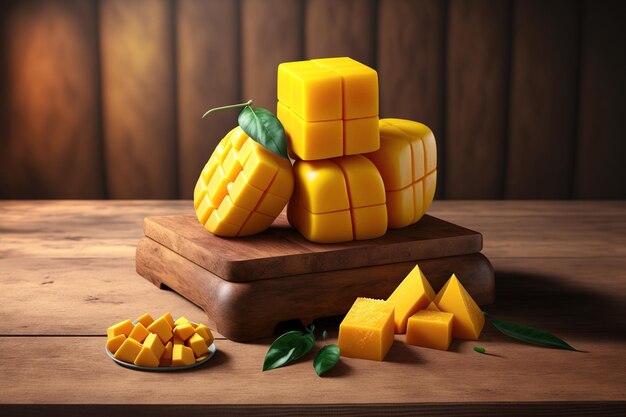 On the wooden table there are mango cubes and mango fruit