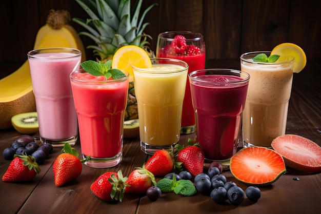 On a wooden table there are a variety of beverages including fresh milk strawberry blueberry and