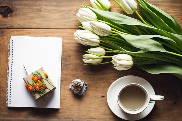 On a wooden table there is a white teapot and a cup of tea a notebook and a bouquet of tulips