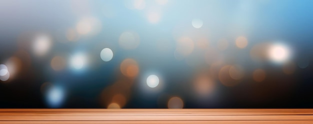 Photo wooden table top on blur bokeh light with dark background