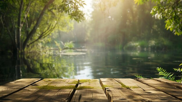 Wooden table top on blur green forest and lake or swampFresh and Relax conceptFor mo Generative AI