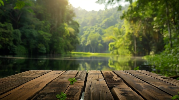 Wooden table top on blur green forest and lake or swampFresh and Relax conceptFor mo Generative AI