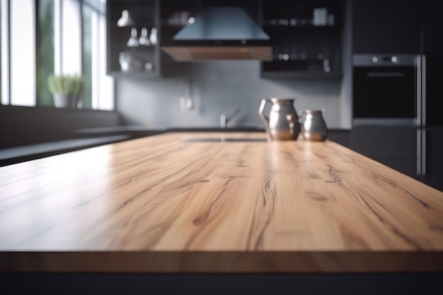 Wooden table top on blur kitchen room background AI generated