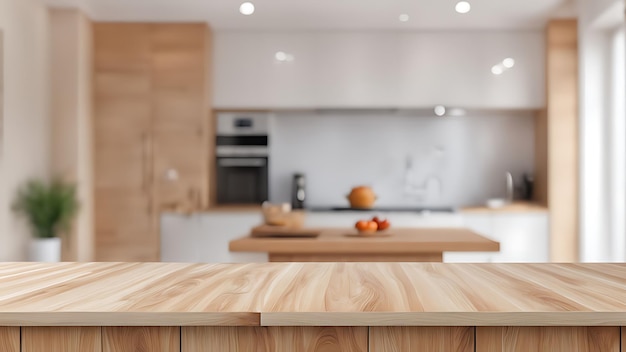 wooden table top on blur kitchen room background modern contemporary kitchen room interior