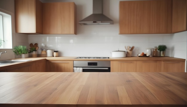 Wooden table top on blur kitchen room background modern luxary kitchen room interior