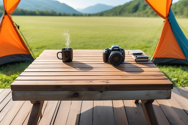 Wooden table top on blur tent camping travel tent and grass fieldFresh and Relax con Generative AI