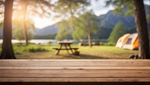 Wooden table top on blur tent camping