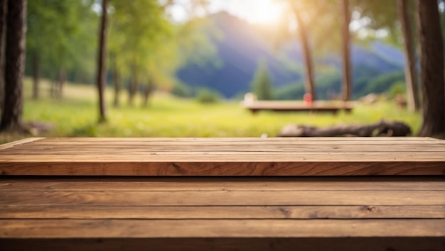 Wooden table top on blur tent camping