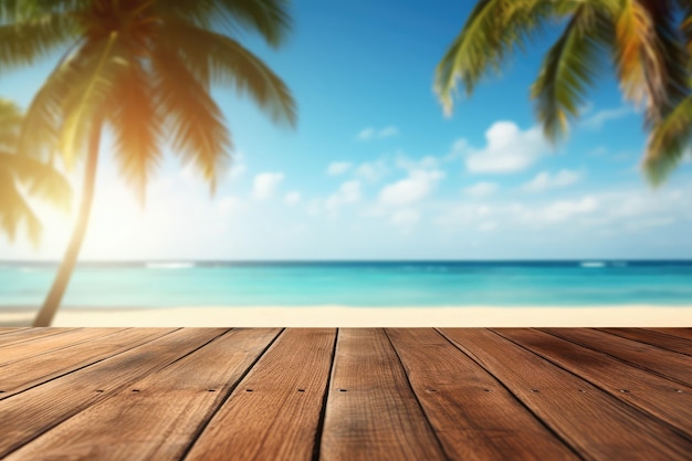 Wooden table top on blur tropical beach background - can be used for display or montage your products