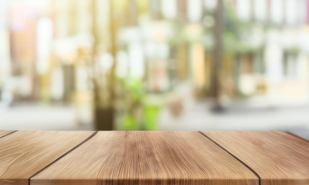 wooden table top on blurred background of half curtained window