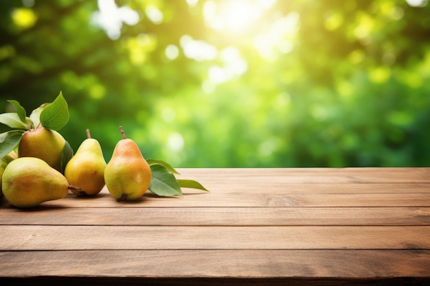 Wooden table top on blurred background of orchard with pears