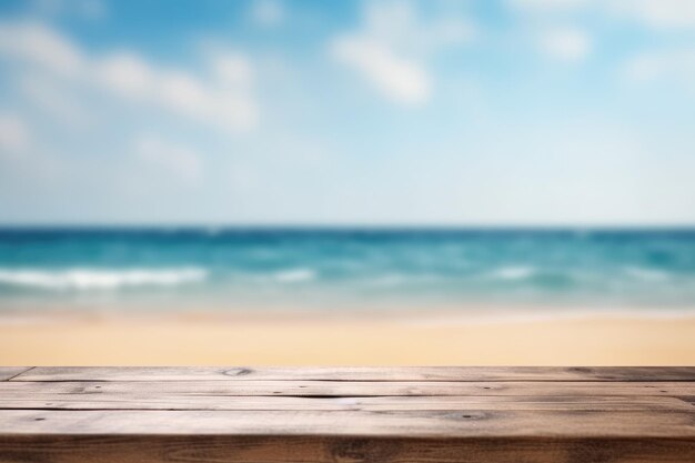 Wooden table top on blurred beach background