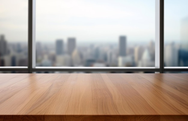 Wooden table top on blurred cityscape background can be used for display or montage your products