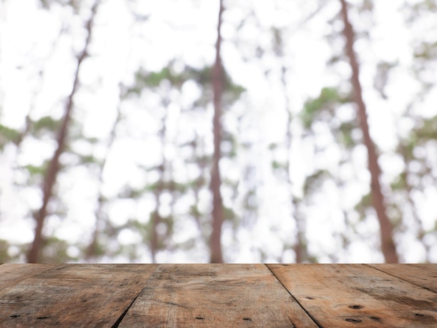 Wooden table top over blurred pines in the winter forest