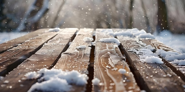 Wooden table top covered in snow in winter background Ai Generated