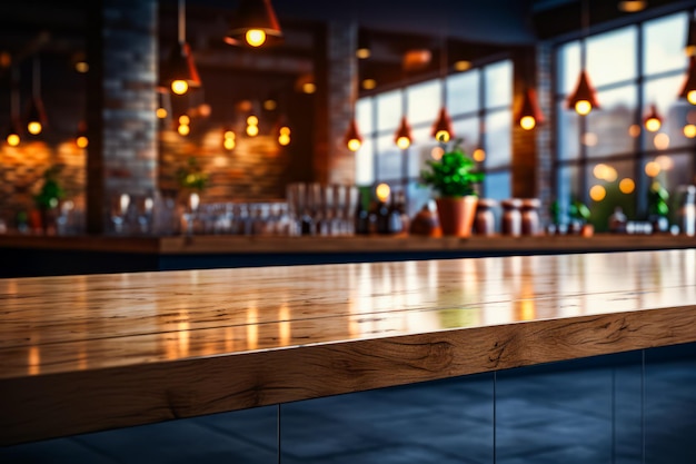 Wooden table top in front of bar with potted plant Generative AI