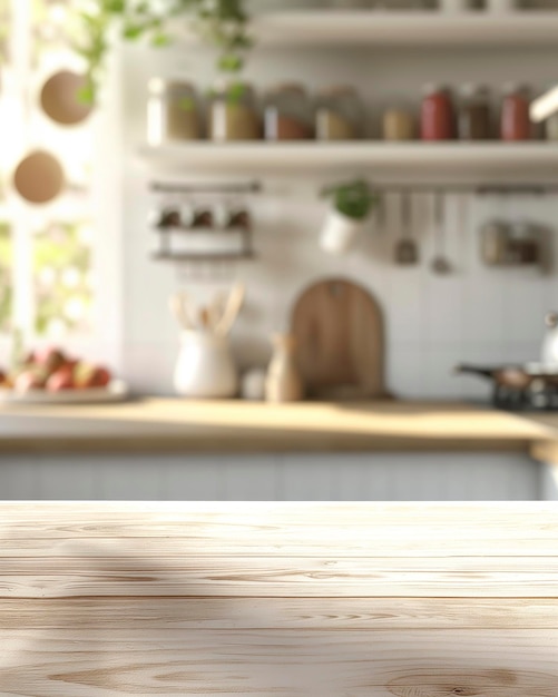 Wooden table top in front of a kitchen counter Kitchen canvas display on wall