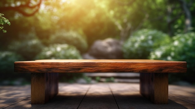 A wooden table top in the garden AI Generated